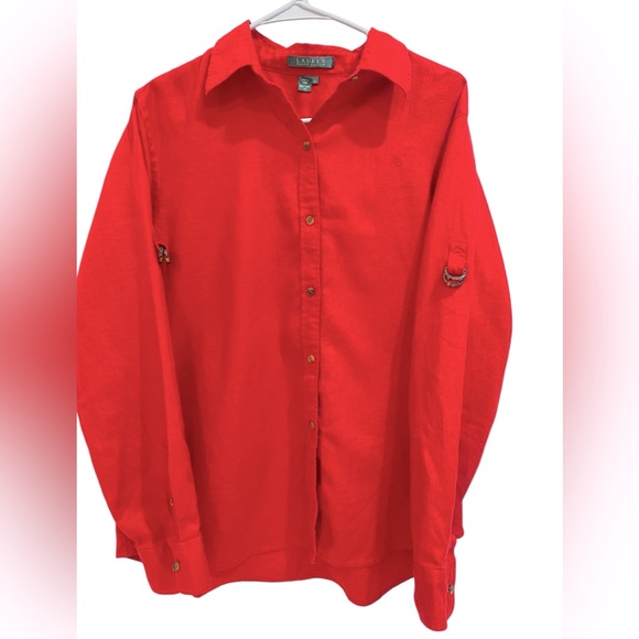 Lauren Ralph Lauren Linen Button Up Shirt Womens Large Red Roll Tab Sleeves - Picture 1 of 10
